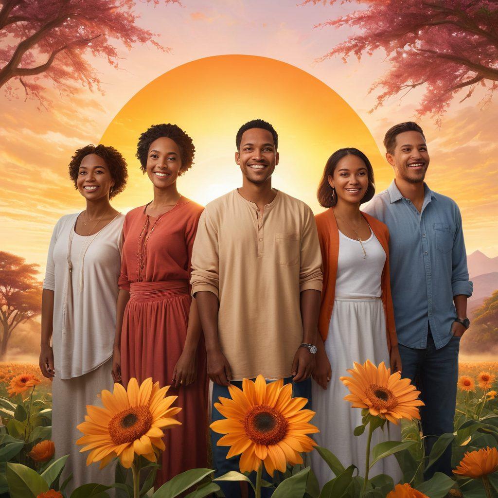 A diverse group of resilient individuals standing together, sharing heartfelt smiles, with a radiant sunrise in the background symbolizing hope. Each person represents different cultures and backgrounds, showcasing unity. Surrounding them are warm, soft colors that evoke feelings of community and strength. Include subtle symbols of nature like flowers or trees to emphasize growth and life. super-realistic. vibrant colors. uplifting atmosphere.