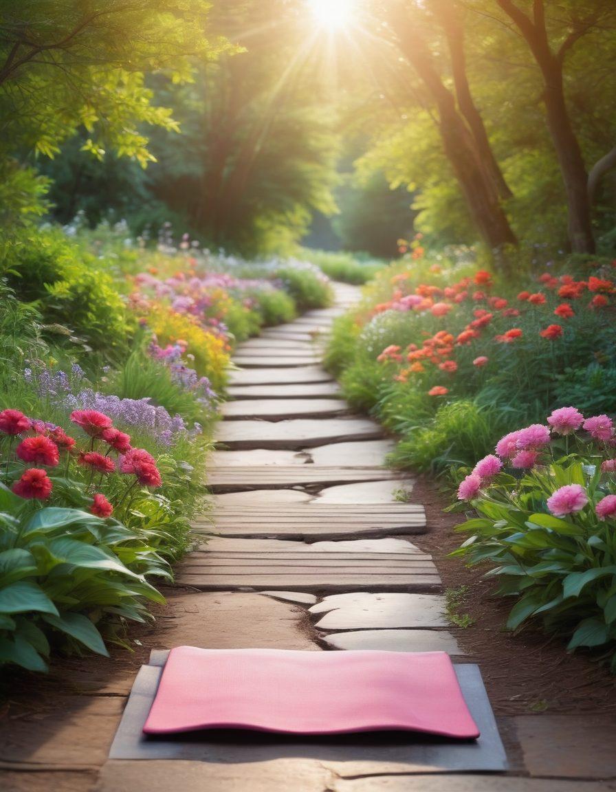 A serene landscape depicting a winding path surrounded by vibrant greenery and blooming flowers, symbolizing a journey towards wellness. Include various holistic elements like a yoga mat, meditation stones, herbal remedies, and a gentle sunrise in the background to signify hope and healing. The image should evoke a sense of tranquility and support, perfect for cancer care themes. super-realistic. vibrant colors. peaceful atmosphere.